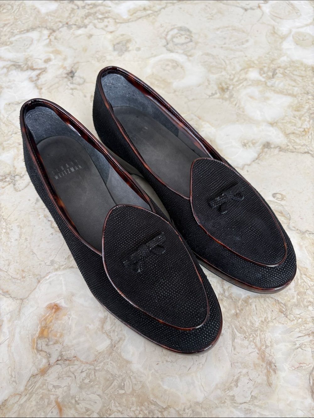 STUART WEITZMAN Loafers Textured  Black Leather w/Tortoise Shell Trim & Heel